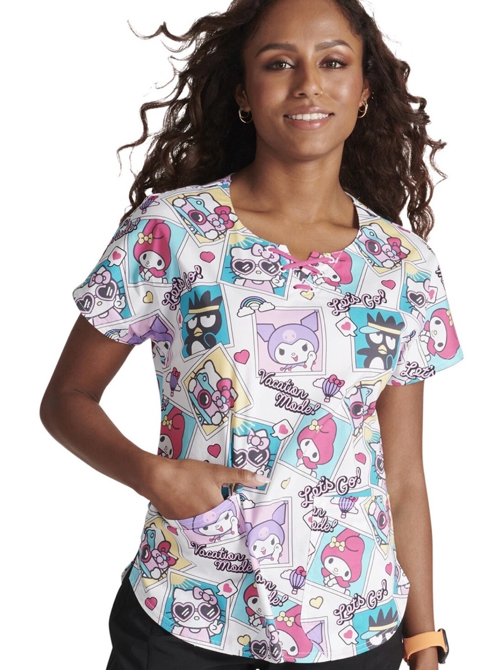 Cherokee Tooniforms Sanrio Hello Kitty "Vacation Mode" Round Neck Scrub Top